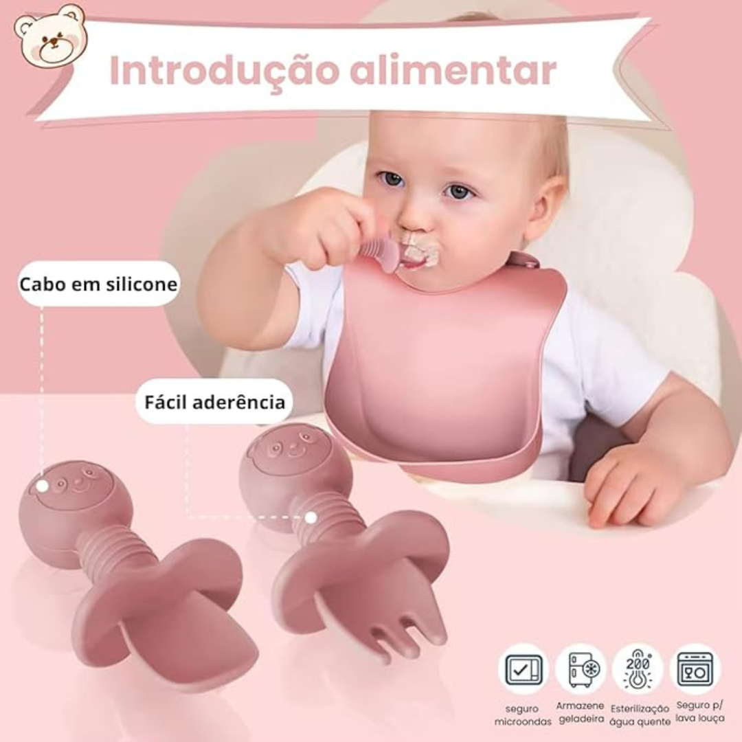 Kit Introdução Alimentar Bebê Utensílios em Silicone Premium 8 Pçs BBL-54 - Rosa Escuro