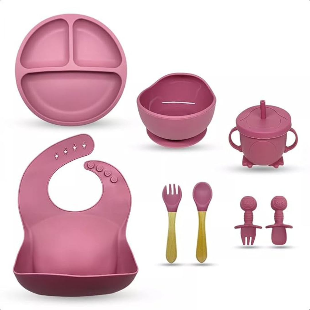 Kit Introdução Alimentar Bebê Utensílios em Silicone Premium 8 Pçs BBL-54 - Rosa Escuro