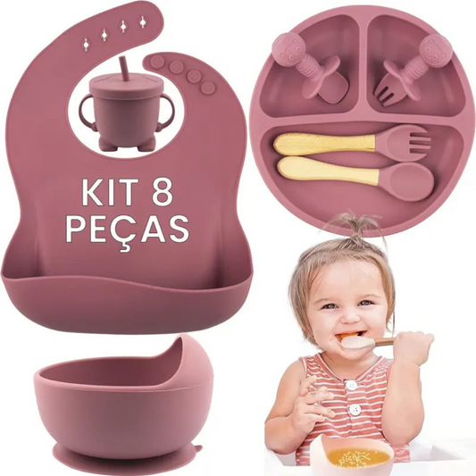 Kit Introdução Alimentar Bebê Utensílios em Silicone Premium 8 Pçs BBL-54 - Rosa Escuro