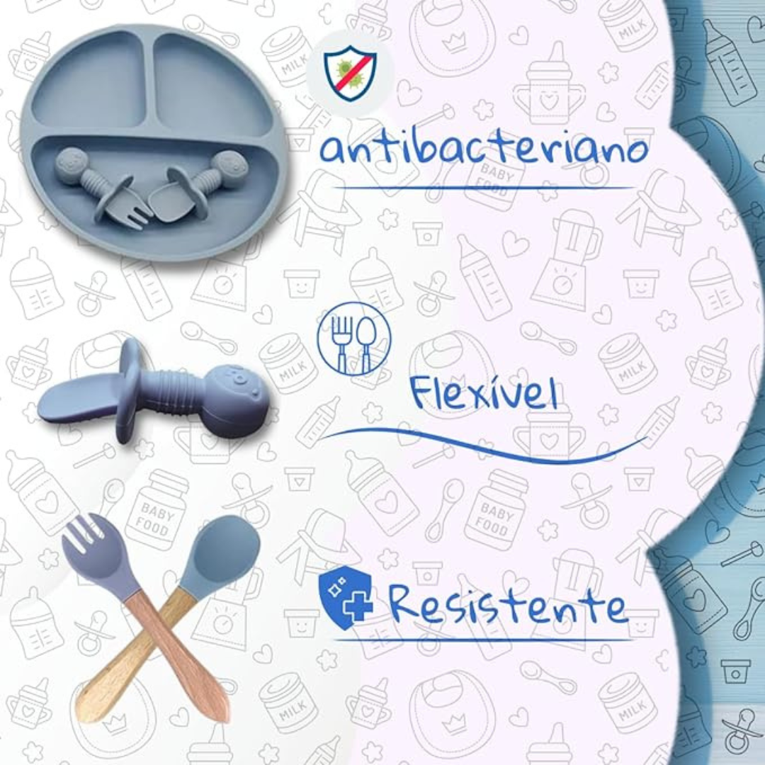 Kit Introdução Alimentar Bebê Utensílios em Silicone Premium 8 Pçs BBL-54 -Azul Escuro