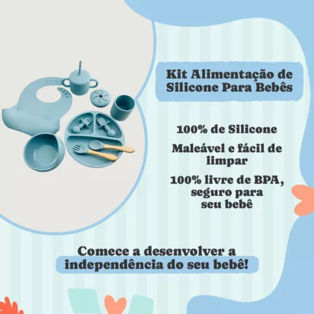 Kit Introdução Alimentar Bebê Utensílios em Silicone Premium 8 Pçs BBL-54 -Azul Escuro