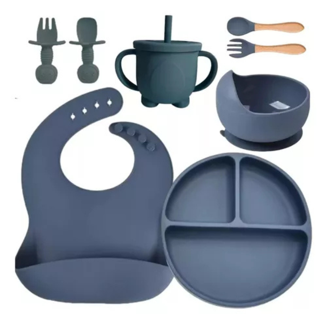 Kit Introdução Alimentar Bebê Utensílios em Silicone Premium 8 Pçs BBL-54 -Azul Escuro