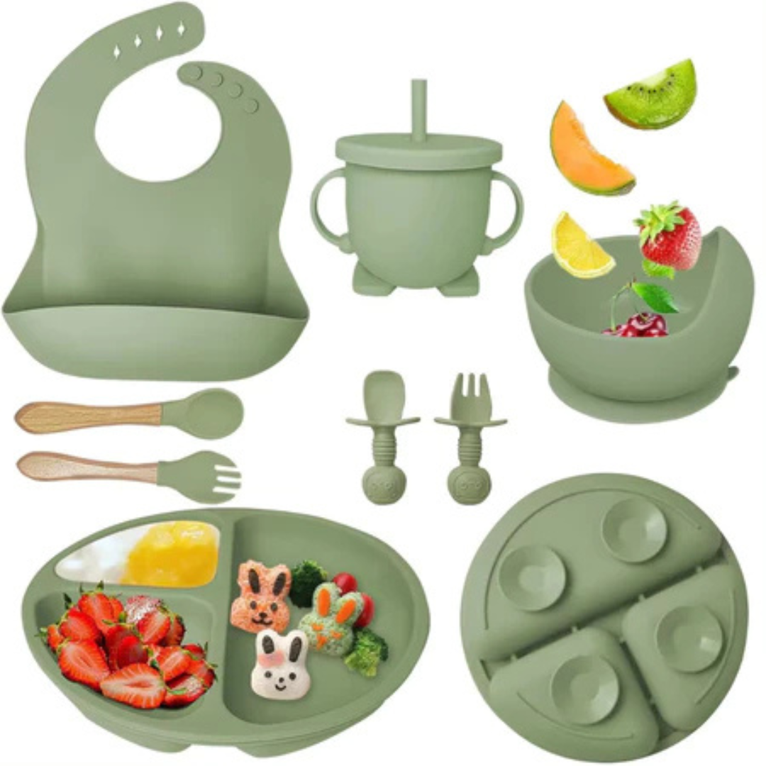 Kit Introdução Alimentar Bebê Utensílios em Silicone Premium 8 Pçs BBL-54- Verde Escuro