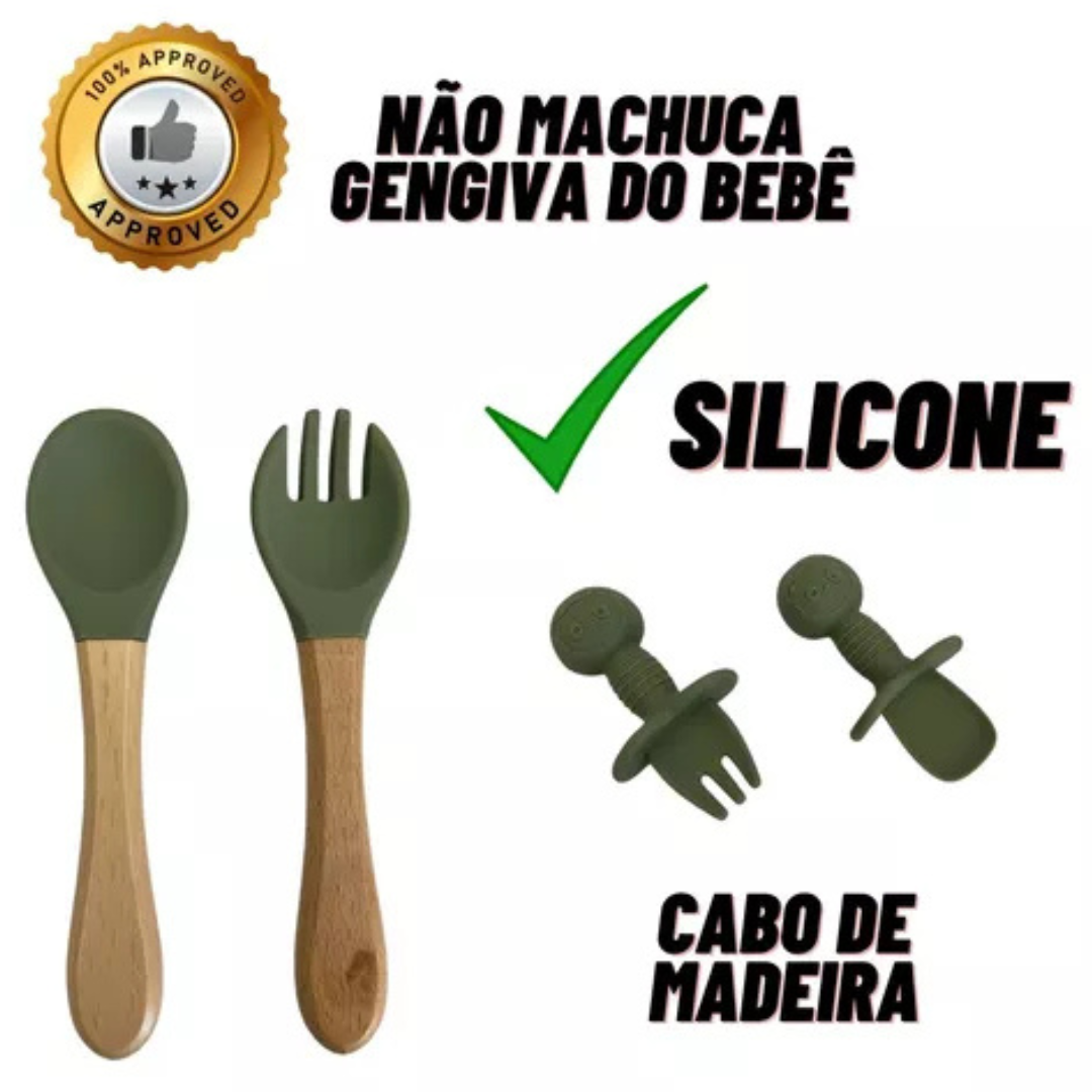 Kit Introdução Alimentar Bebê Utensílios em Silicone Premium 8 Pçs BBL-54- Verde Escuro