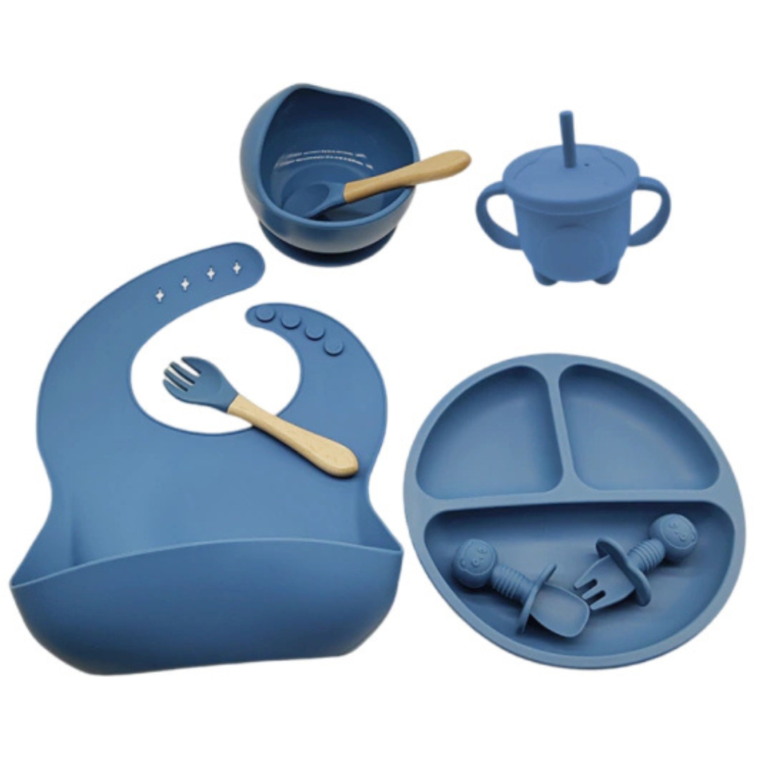 Kit Introdução Alimentar Bebê Utensílios em Silicone Premium 8 Pçs BBL-54 -Azul Escuro