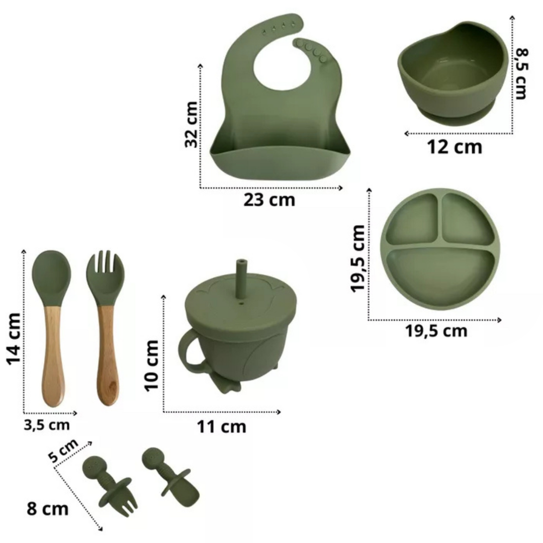 Kit Introdução Alimentar Bebê Utensílios em Silicone Premium 8 Pçs BBL-54- Verde Escuro